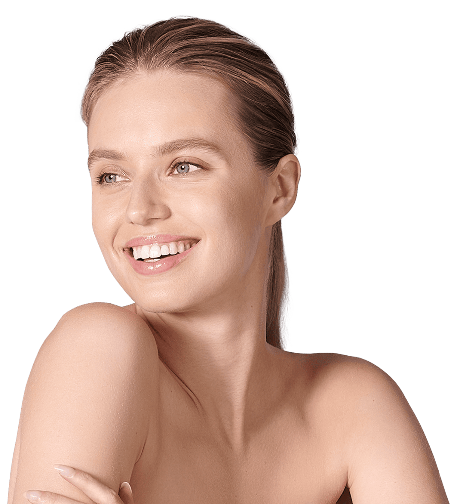 Close up of woman model smiling and looking past the camera